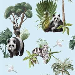 Seamless Jungle Panda Pattern Featuring Tropical Foliage and Exotic Wildlife Illustration Art