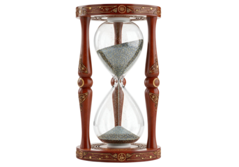 Ornate hourglass with intricate designs and detailed wood grain, highlighting a passage of time against a stark black backdrop.