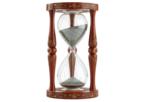 Ornate hourglass with intricate designs and detailed wood grain, highlighting a passage of time against a stark black backdrop.