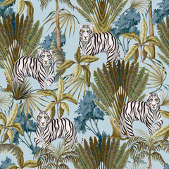 Seamless Tropical Jungle Tiger Pattern with White Striped Wildlife Foliage Repeat Artwork