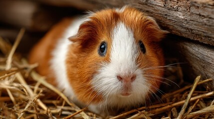 Cute guinea pig resting among straw in a wooden enclosure during late afternoon sunlight