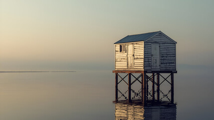 Chrome fishing hut on stilts isolated on white background for rural heritage and waterfront architecture design