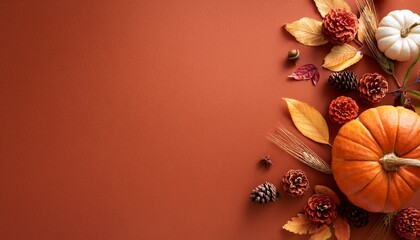 Naklejka premium Creative Autumn Flat Lay Composition With Dry Leaves Flowers And Decorative Pumpkin On Dark Terracotta Background With Copy Space For Your Design