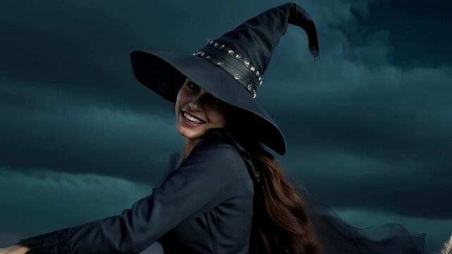 Beautiful young witch laughs sinisterly, witch flies on a broomstick on Halloween.