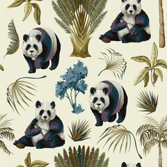 Seamless Jungle Panda Pattern Featuring Tropical Foliage and Exotic Wildlife Illustration Art