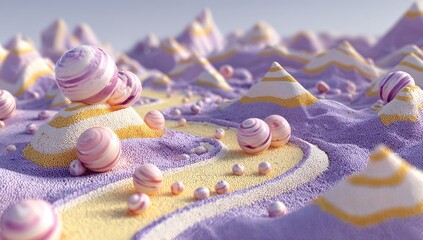 A whimsical landscape of textured hills and marbled spheres in soft purple, pink, and yellow tones.