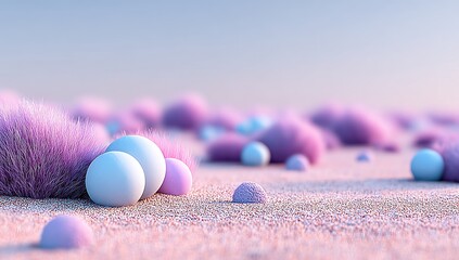 A softly lit, ethereal landscape of fluffy, violet-tinged plants and pastel-colored spheres.