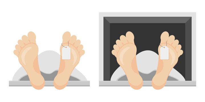 Medical and forensic death icon with feet and toe tag in morgue refrigerator. Morgue feet with tag. Dead body feet illustration. Autopsy toe tag vector. Forensic morgue cartoon. Crime scene death.