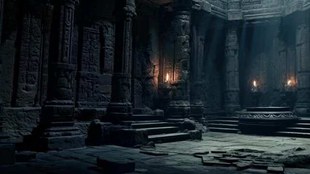 A dimly lit ancient temple interior with stone pillars and steps, captured from a low angle, creating a mysterious, cinematic video game atmosphere. Live desktop wallpaper.