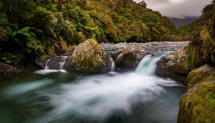 Fototapeta premium A Long Exposure Of A New Zealand Waterfall And River In The Tararua Ranges