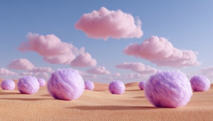 Fluffy, light purple spheres rest on a desert landscape beneath a pastel sky filled with soft pink clouds.