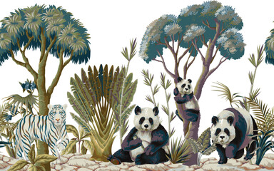 Tropical Jungle Mural with Pandas and White Tiger in Lush Greenery Scene