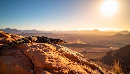 Obraz premium Desert Monitor Lizard Basking on Sunlit Sandstone Rock Formation