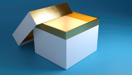 An open white box with golden trim, showcasing a bright interior, sits on a vibrant blue background.