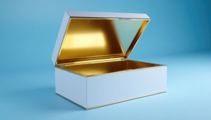 A white box with a golden interior, open and ready to reveal its secrets, sits against a light blue backdrop.