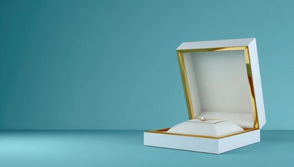 An open white jewelry box with a gold-toned frame, featuring a single diamond ring, sits against a teal backdrop.