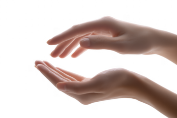 Two hands reaching out with a delicate touch on a transparent background of stillness