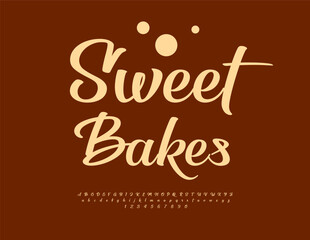 Vector Promo flyer Sweet Bakes for Cafe and Market. Beautiful Cursive Font. Stylish Digital Alphabet Letters and Numbers set