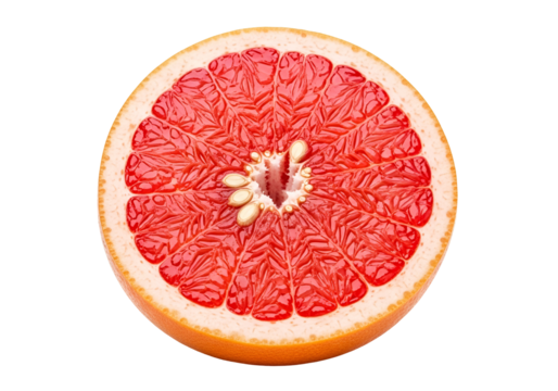 Close-up view of a vibrant grapefruit slice, showcasing its intricate red segments and juicy texture against a stark black background.