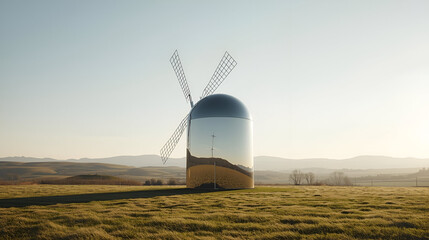Chrome rural windmill house isolated on white background for agriculture energy and traditional architecture design