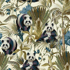 Seamless Jungle Panda Pattern Featuring Tropical Foliage and Exotic Wildlife Illustration Art