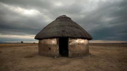 Chrome rural mud hut with thatch roof isolated on white background for traditional village architecture design
