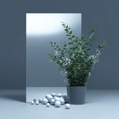 A minimalist arrangement featuring a potted plant with delicate white flowers and lush green foliage, positioned against a reflective surface, showcasing a serene and contemporary aesthetic.