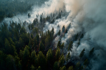 Dramatic aerial view of a wildfire burning through a dense pine forest with thick smoke.