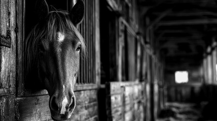 Horse looking out from stable in black and white setting