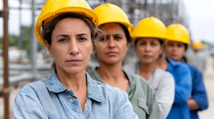 Diverse group of women workers wearing helmets on construction site in urban environment