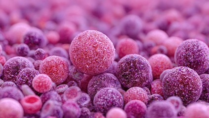 Close-up view of a cluster of frozen berries, displaying a variety of shades of pink and purple.  The frosted surface creates an intriguing texture.