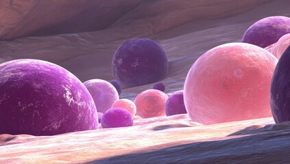 Close-up view of many spherical objects in varied shades of pink and purple, set against a textured, light beige surface.