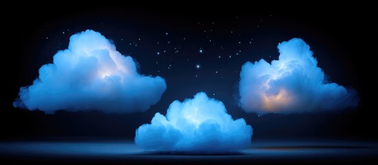 Three luminous blue clouds float against a dark night sky, illuminated by ethereal light.