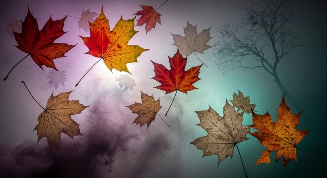 Ethereal composition of translucent red, orange, and beige maple leaves floating above purple mist and a shadowy bare tree on teal backdrop. 