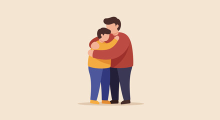 A heartwarming flat design illustration captures a parent tenderly embracing a child, symbolizing unconditional love and protection. This minimalist graphic conveys deep familial bonds and affection.