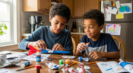 Fototapeta premium Cheerful African American twin brothers glue and paint cardboard airplane model on wooden kitchen table cluttered with crayons, brushes, and books, near window with houseplant. 