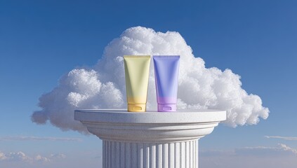 Pastel-colored cosmetic tubes sit atop a white pedestal column, against a backdrop of fluffy clouds and a clear blue sky, creating a serene and airy visual composition.