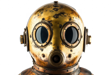 Close up view of a vintage diving helmet against a dark transparent background
