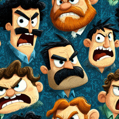 Seamless Pattern of Angry Men, Cartoon Portraits with Furious Expressions