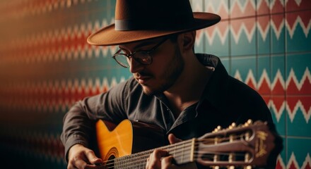 A young man in a stylish hat and glasses plays an acoustic guitar with focus and passion, captured in a moody and artistic urban setting with patterned tiles.
