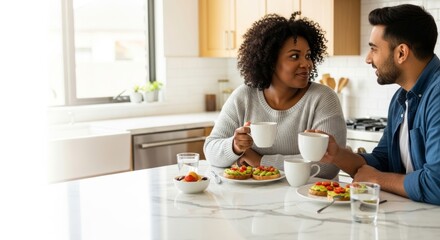 Smiling Black woman with curly hair in gray sweater and South Asian man in blue shirt share warm mugs of coffee and plates of avocado toast with fruit bowl on marble island, in modern wooden kitchen.