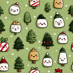 Cute Christmas Character Seamless Pattern on Green Background, Holiday Theme, Digital Art