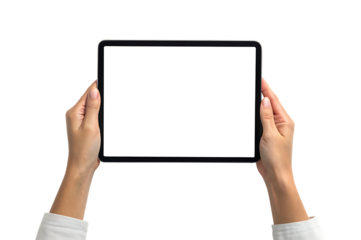 Woman holding tablet with blank screen isolated on transparent background, mockup