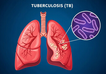 Two stylized human lungs, rendered in vibrant red and pink hues, dominate the center of the image against a deep blue background