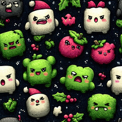Cute and Angry Christmas Character Seamless Pattern on Dark Background, Holiday Theme