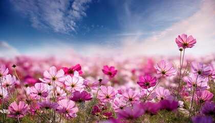 Unfocused Cosmos Flowers And Sky Background Pink Cosmos Flower In Field Floral Meadow