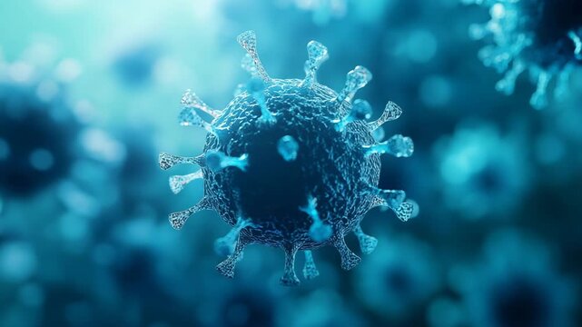 Microscopic view of a blue virus particle, scientific medical research 4k video - Powered by Adobe