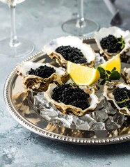Oysters with caviar on ice