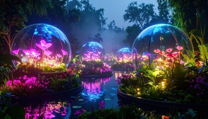 Enchanting Garden with Flowers in Spheres with Futuristic Nature Scene.