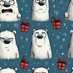 Angry Polar Bear Seamless Pattern with Christmas Gifts, Funny Holiday Background